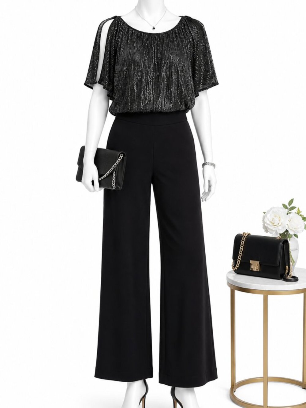 NWOT Black Metallic Wide Leg Jumpsuit Size 14 | Cold Shoulder | Shimmer Evening